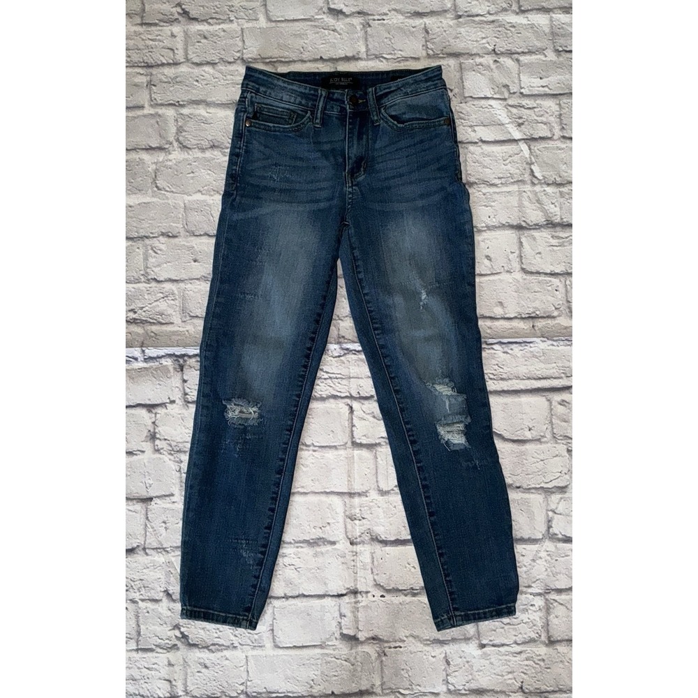 Judy Blue Mid‎ Rise Relaxed Fit Distressed Cropped Denim Jeans Womens 26